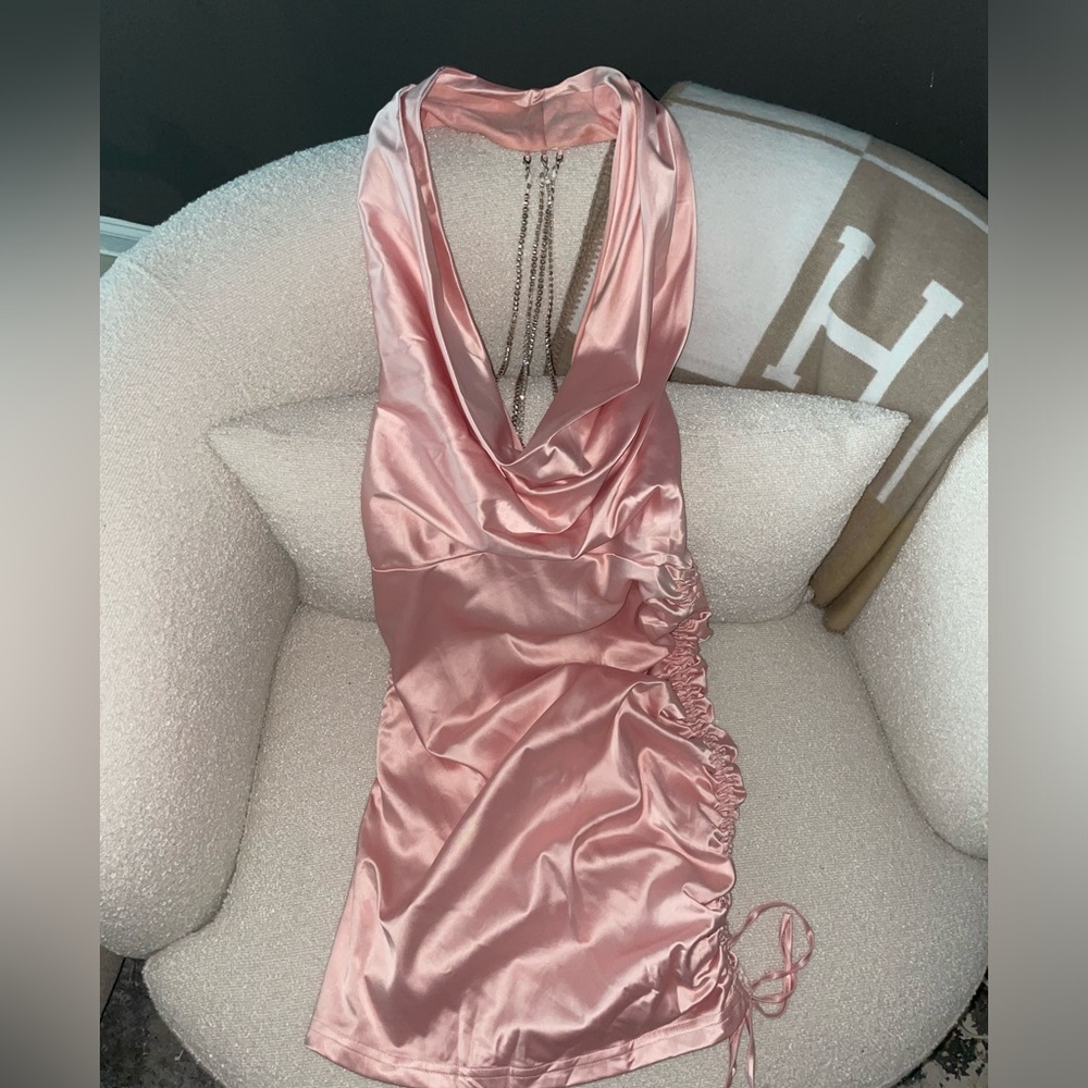 Pink Satin‎ Crystal Embellished Ruched Mini Dress